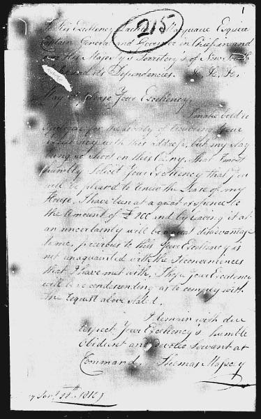Thomas Massey Memorial letter of 1810 to Governor Lachlan Macquarie 